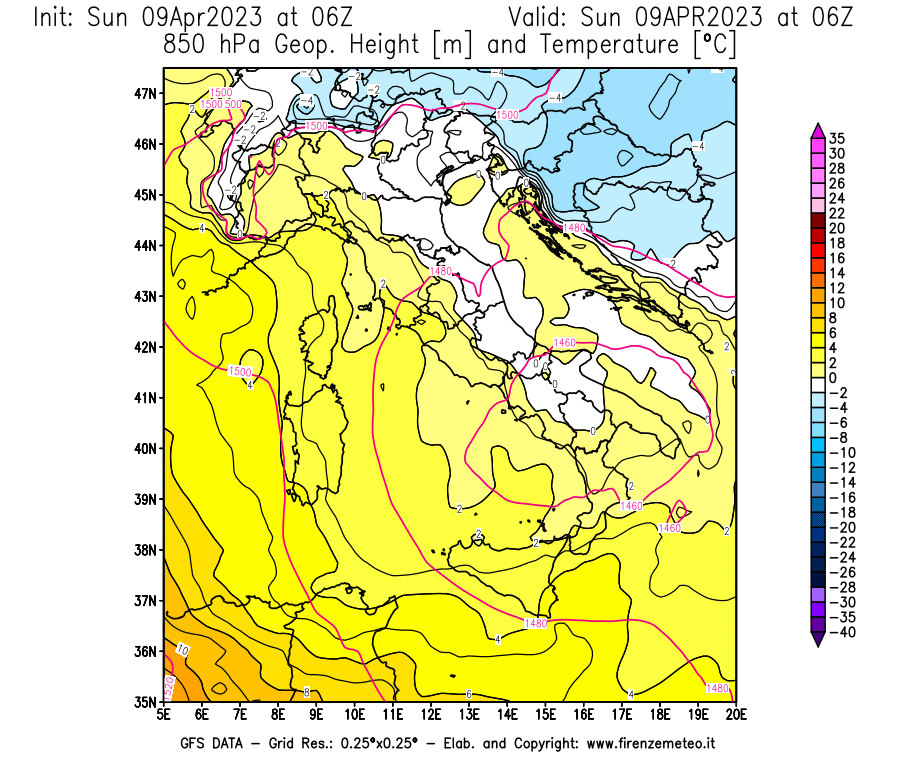 GFS analysi map - Geopotential [m] and Temperature [°C] at 850 hPa in Italy
									on 09/04/2023 06 <!--googleoff: index-->UTC<!--googleon: index-->
