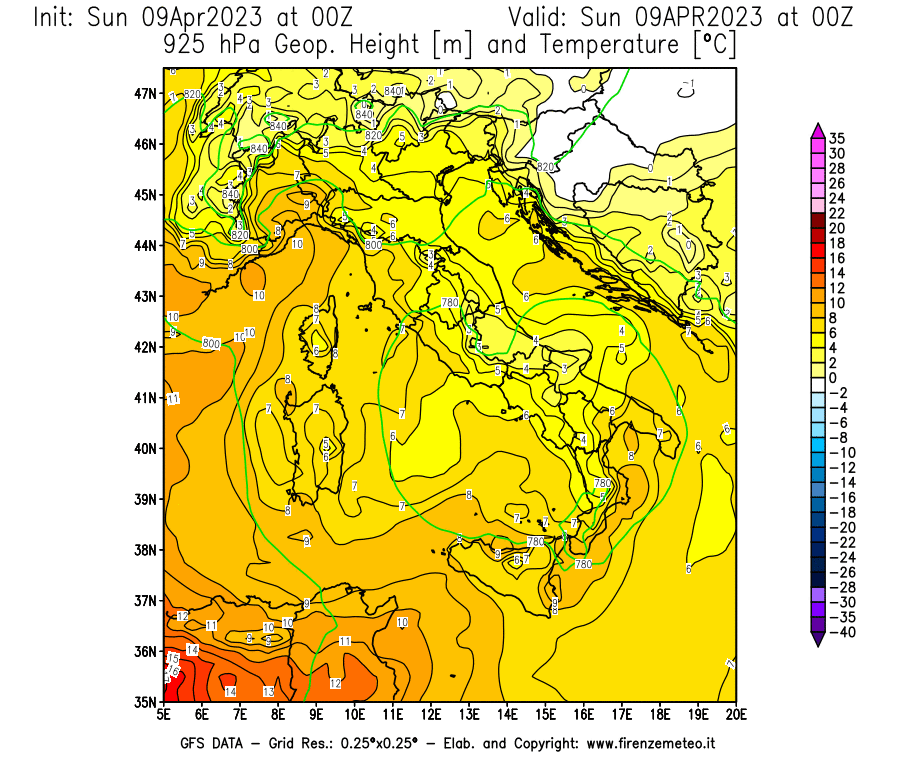 GFS analysi map - Geopotential [m] and Temperature [°C] at 925 hPa in Italy
									on 09/04/2023 00 <!--googleoff: index-->UTC<!--googleon: index-->