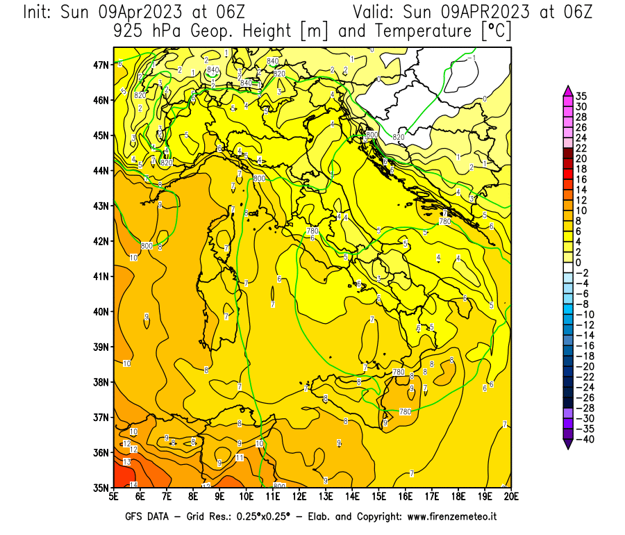 GFS analysi map - Geopotential [m] and Temperature [°C] at 925 hPa in Italy
									on 09/04/2023 06 <!--googleoff: index-->UTC<!--googleon: index-->