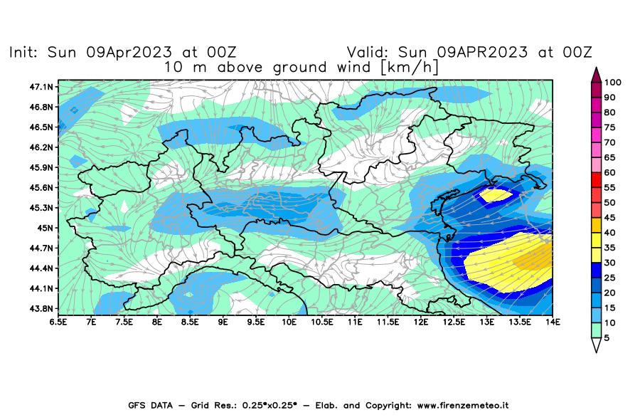 GFS analysi map - Wind Speed at 10 m above ground [km/h] in Northern Italy
									on 09/04/2023 00 <!--googleoff: index-->UTC<!--googleon: index-->