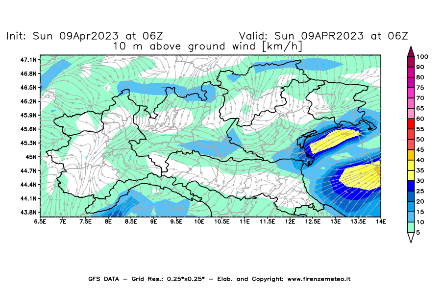 GFS analysi map - Wind Speed at 10 m above ground [km/h] in Northern Italy
									on 09/04/2023 06 <!--googleoff: index-->UTC<!--googleon: index-->