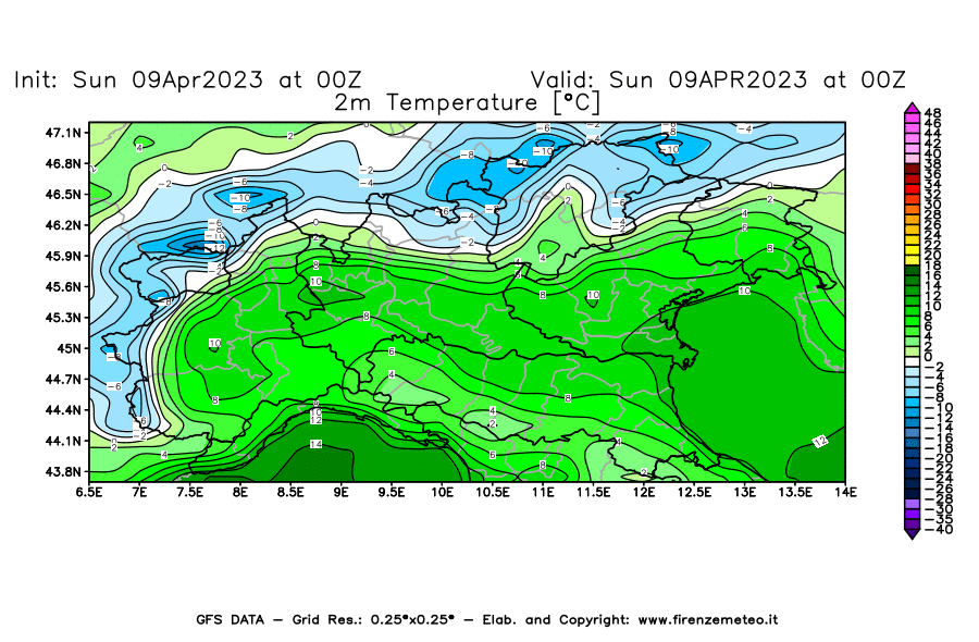 GFS analysi map - Temperature at 2 m above ground [°C] in Northern Italy
									on 09/04/2023 00 <!--googleoff: index-->UTC<!--googleon: index-->