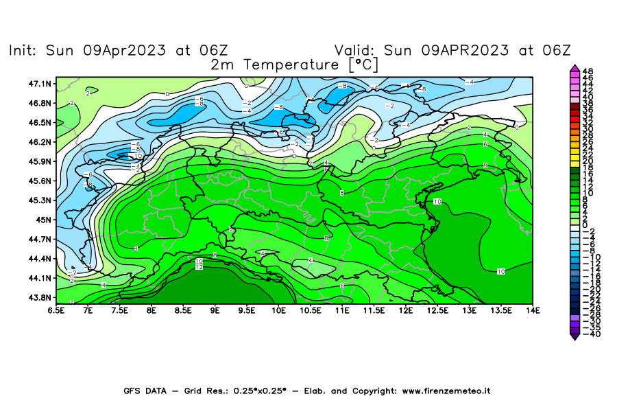 GFS analysi map - Temperature at 2 m above ground [°C] in Northern Italy
									on 09/04/2023 06 <!--googleoff: index-->UTC<!--googleon: index-->