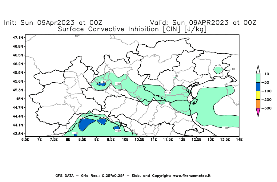 GFS analysi map - CIN [J/kg] in Northern Italy
									on 09/04/2023 00 <!--googleoff: index-->UTC<!--googleon: index-->