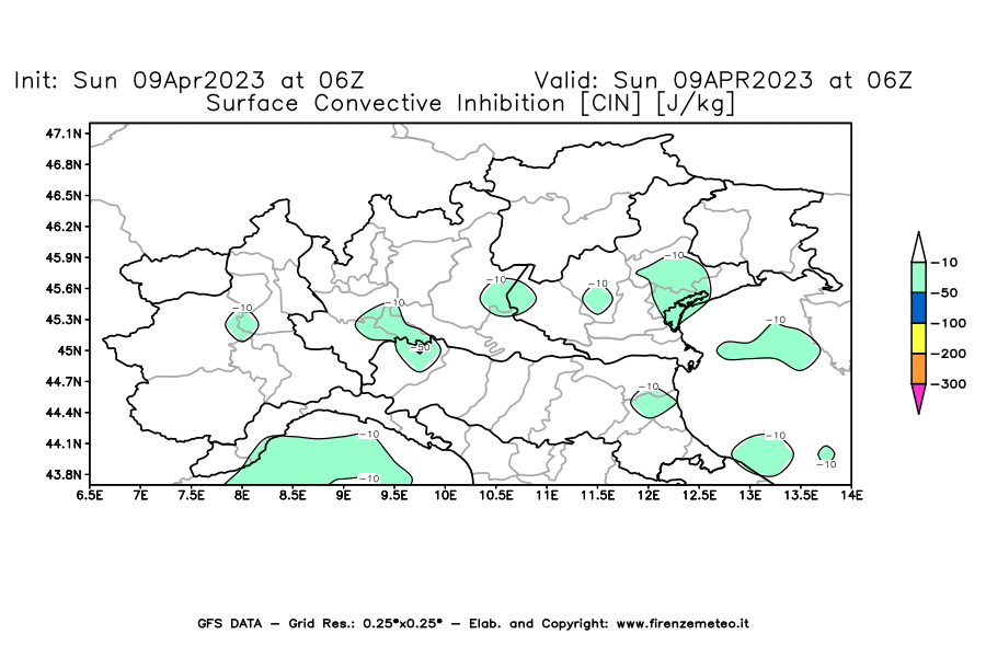 GFS analysi map - CIN [J/kg] in Northern Italy
									on 09/04/2023 06 <!--googleoff: index-->UTC<!--googleon: index-->