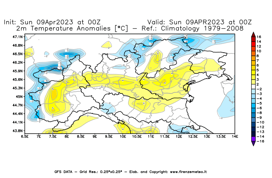 GFS analysi map - Temperature Anomalies [°C] at 2 m in Northern Italy
									on 09/04/2023 00 <!--googleoff: index-->UTC<!--googleon: index-->