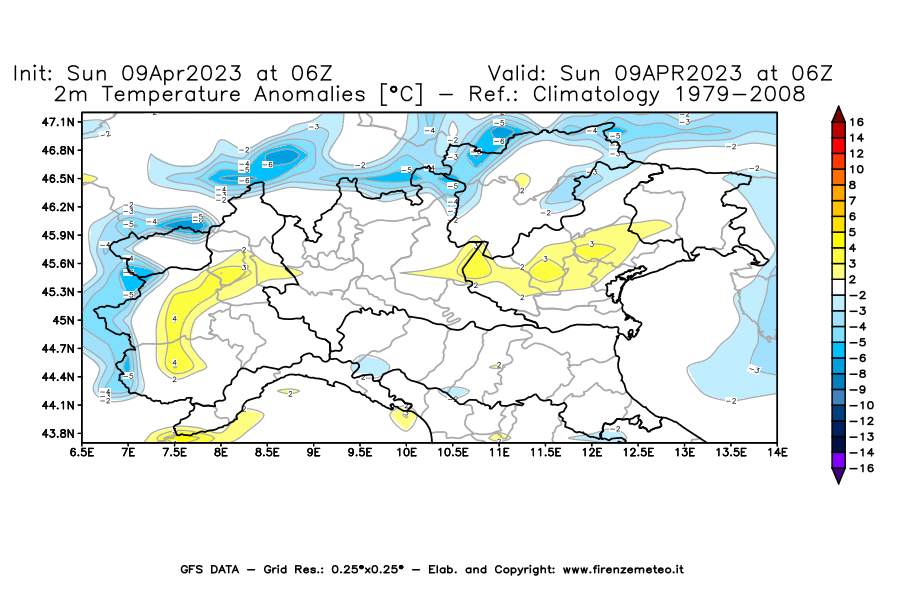 GFS analysi map - Temperature Anomalies [°C] at 2 m in Northern Italy
									on 09/04/2023 06 <!--googleoff: index-->UTC<!--googleon: index-->