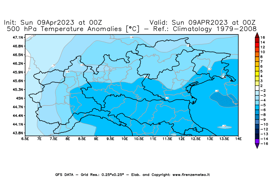 GFS analysi map - Temperature Anomalies [°C] at 500 hPa in Northern Italy
									on 09/04/2023 00 <!--googleoff: index-->UTC<!--googleon: index-->