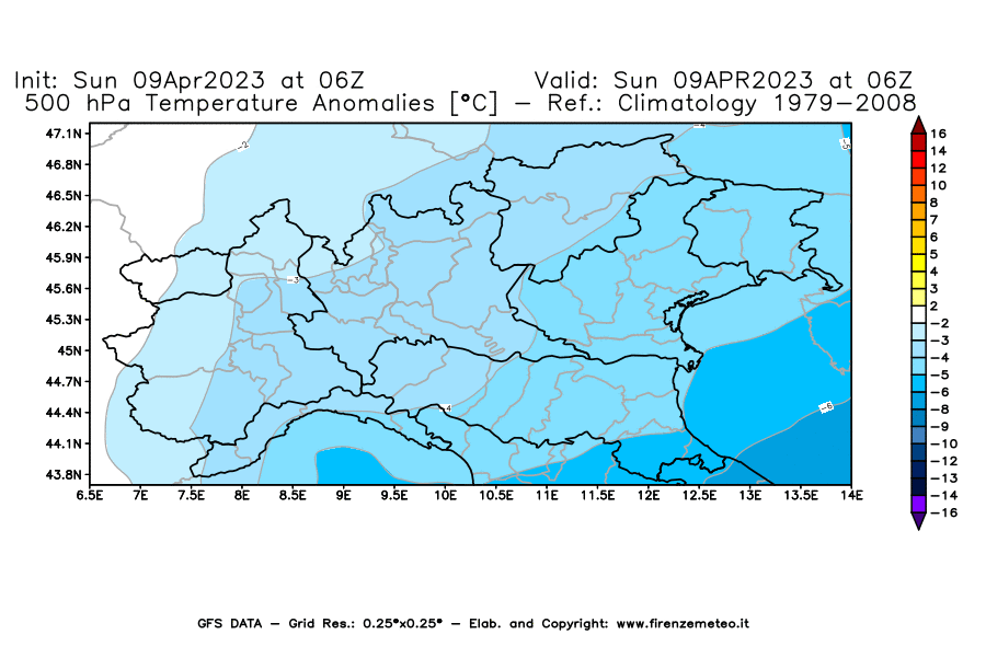 GFS analysi map - Temperature Anomalies [°C] at 500 hPa in Northern Italy
									on 09/04/2023 06 <!--googleoff: index-->UTC<!--googleon: index-->