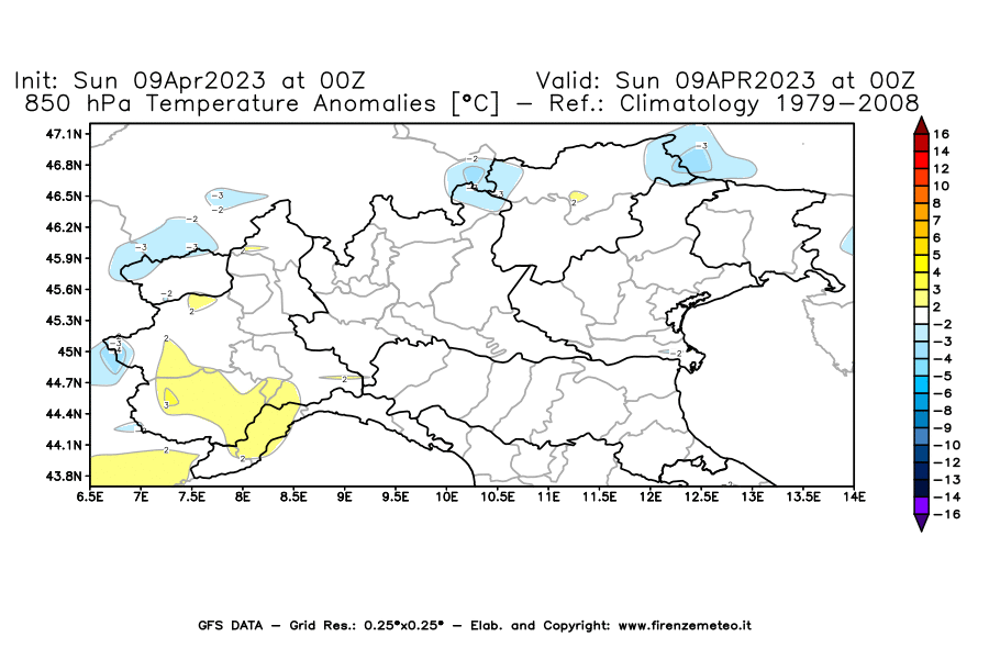 GFS analysi map - Temperature Anomalies [°C] at 850 hPa in Northern Italy
									on 09/04/2023 00 <!--googleoff: index-->UTC<!--googleon: index-->