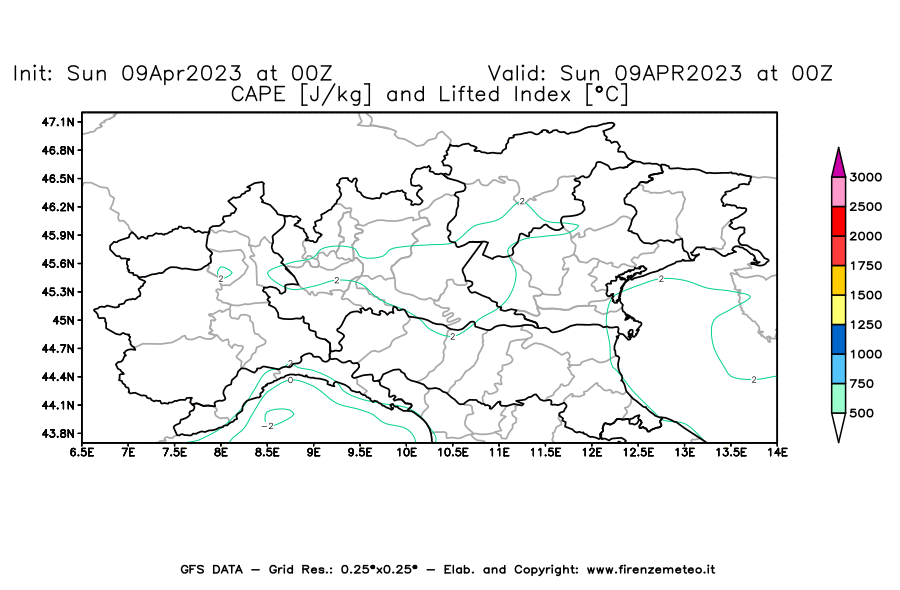 GFS analysi map - CAPE [J/kg] and Lifted Index [°C] in Northern Italy
									on 09/04/2023 00 <!--googleoff: index-->UTC<!--googleon: index-->