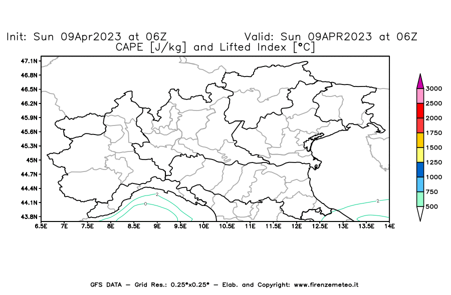 GFS analysi map - CAPE [J/kg] and Lifted Index [°C] in Northern Italy
									on 09/04/2023 06 <!--googleoff: index-->UTC<!--googleon: index-->