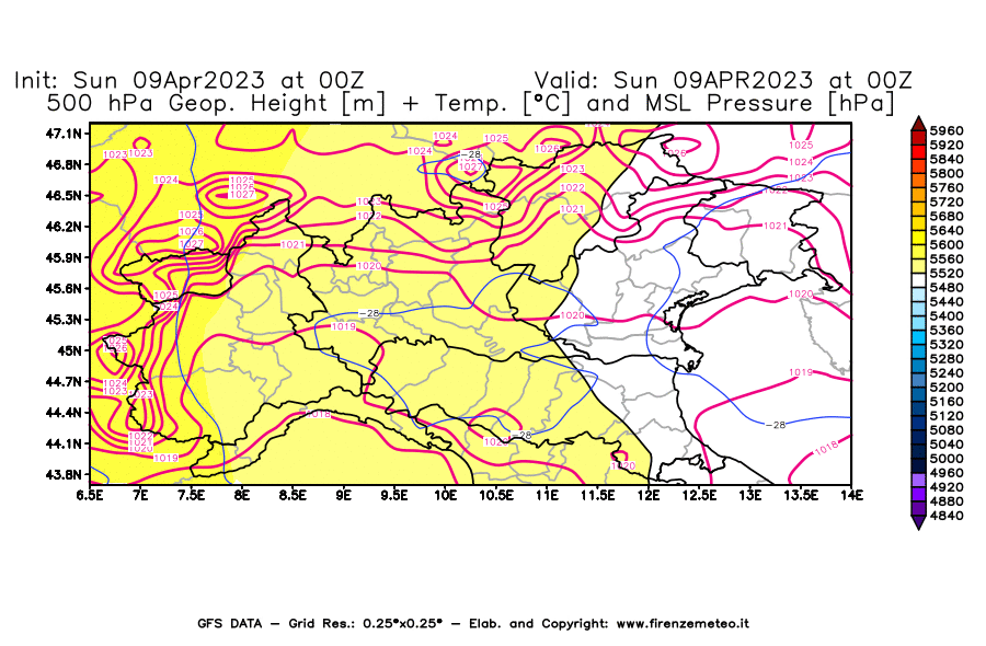 GFS analysi map - Geopotential [m] + Temp. [°C] at 500 hPa + Sea Level Pressure [hPa] in Northern Italy
									on 09/04/2023 00 <!--googleoff: index-->UTC<!--googleon: index-->