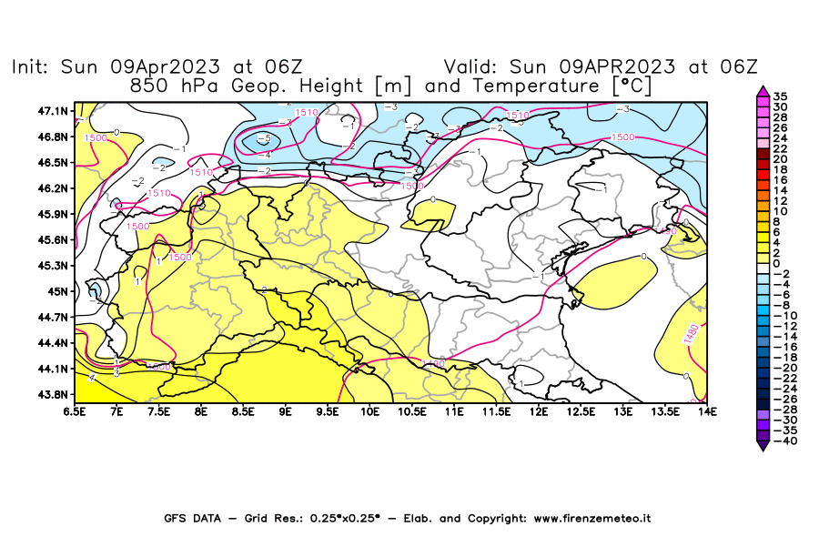 GFS analysi map - Geopotential [m] and Temperature [°C] at 850 hPa in Northern Italy
									on 09/04/2023 06 <!--googleoff: index-->UTC<!--googleon: index-->
