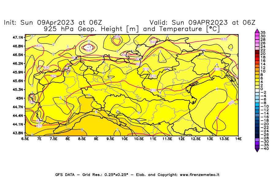 GFS analysi map - Geopotential [m] and Temperature [°C] at 925 hPa in Northern Italy
									on 09/04/2023 06 <!--googleoff: index-->UTC<!--googleon: index-->