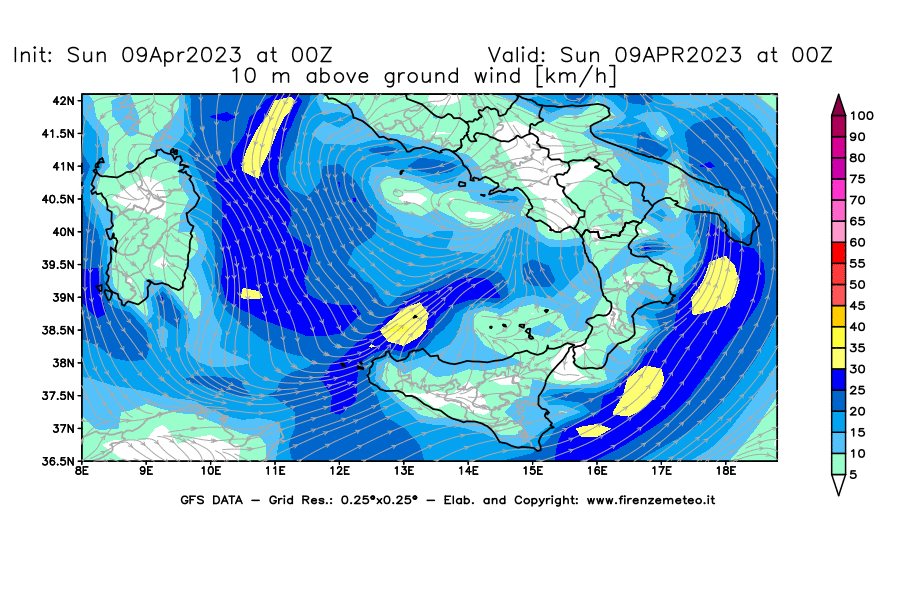 GFS analysi map - Wind Speed at 10 m above ground [km/h] in Southern Italy
									on 09/04/2023 00 <!--googleoff: index-->UTC<!--googleon: index-->