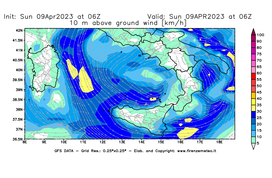GFS analysi map - Wind Speed at 10 m above ground [km/h] in Southern Italy
									on 09/04/2023 06 <!--googleoff: index-->UTC<!--googleon: index-->