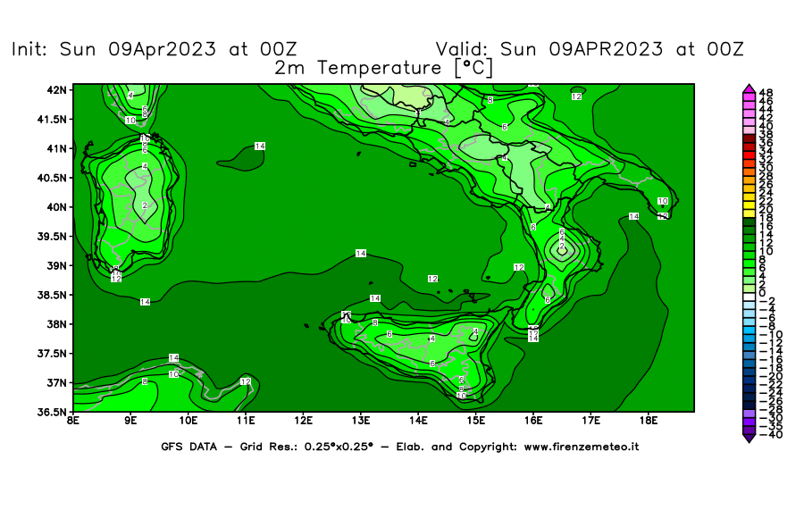 GFS analysi map - Temperature at 2 m above ground [°C] in Southern Italy
									on 09/04/2023 00 <!--googleoff: index-->UTC<!--googleon: index-->