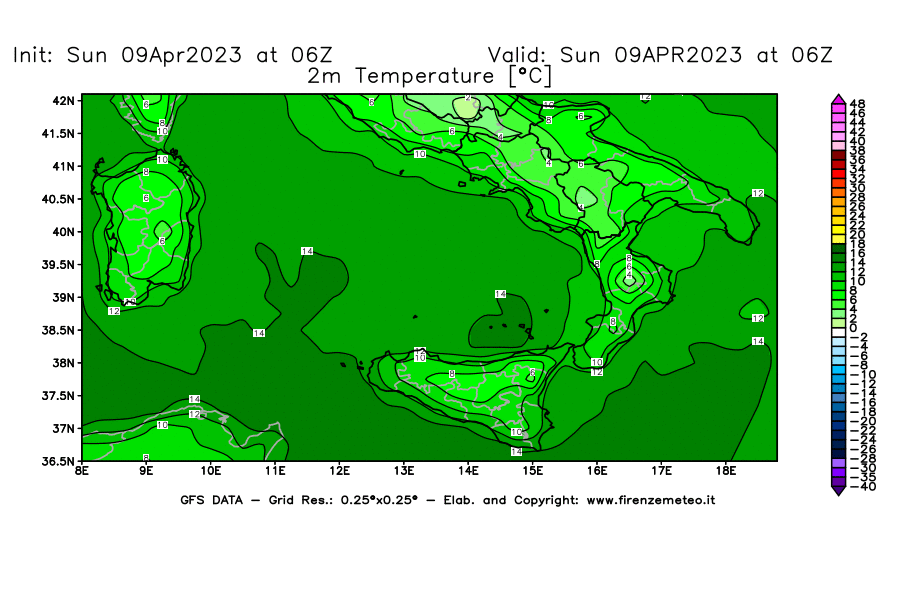 GFS analysi map - Temperature at 2 m above ground [°C] in Southern Italy
									on 09/04/2023 06 <!--googleoff: index-->UTC<!--googleon: index-->