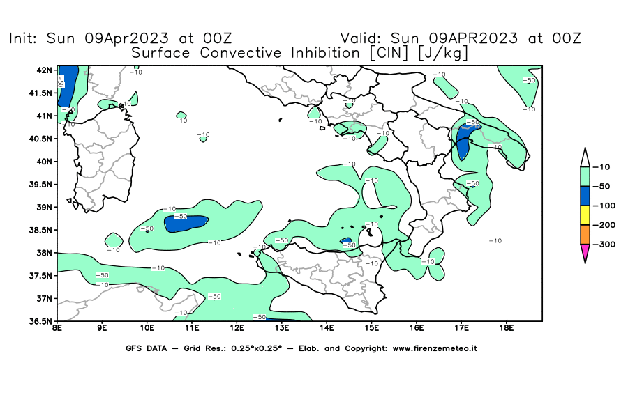 GFS analysi map - CIN [J/kg] in Southern Italy
									on 09/04/2023 00 <!--googleoff: index-->UTC<!--googleon: index-->