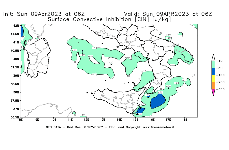 GFS analysi map - CIN [J/kg] in Southern Italy
									on 09/04/2023 06 <!--googleoff: index-->UTC<!--googleon: index-->