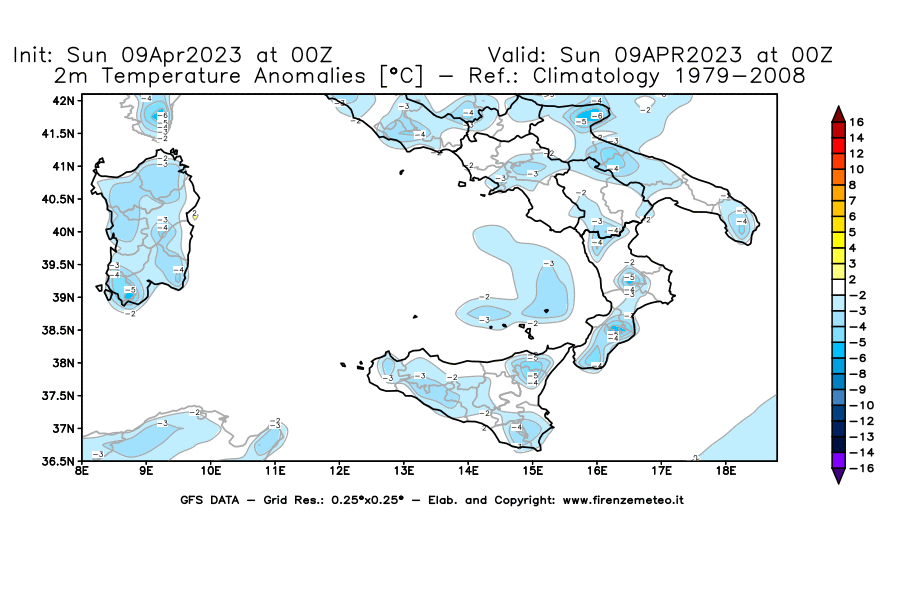 GFS analysi map - Temperature Anomalies [°C] at 2 m in Southern Italy
									on 09/04/2023 00 <!--googleoff: index-->UTC<!--googleon: index-->