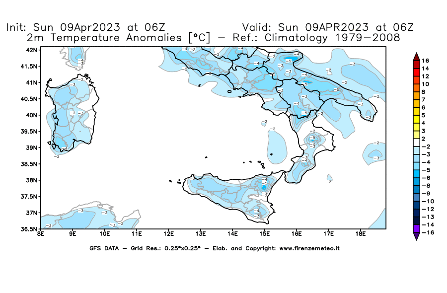 GFS analysi map - Temperature Anomalies [°C] at 2 m in Southern Italy
									on 09/04/2023 06 <!--googleoff: index-->UTC<!--googleon: index-->
