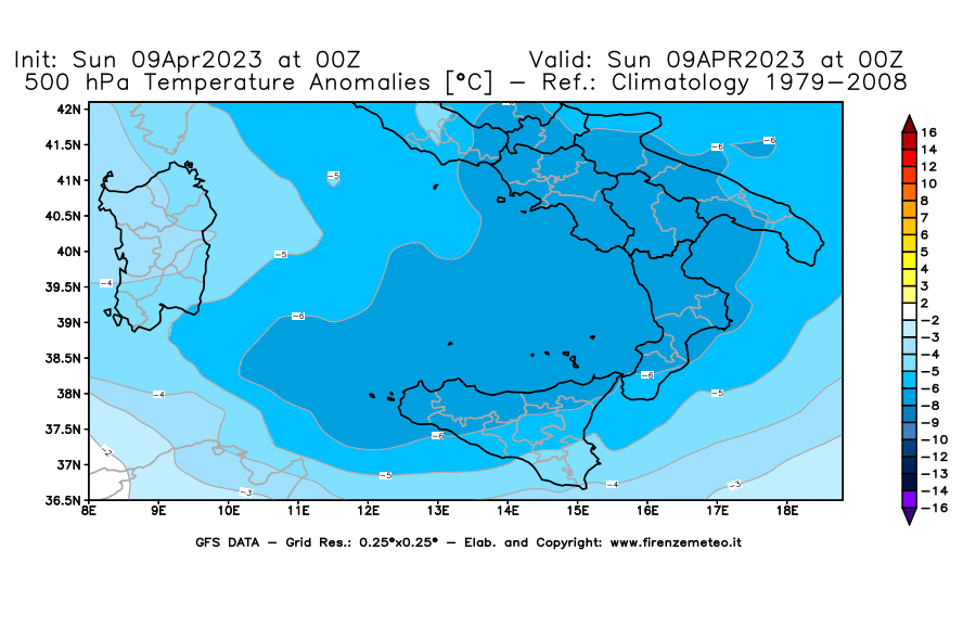 GFS analysi map - Temperature Anomalies [°C] at 500 hPa in Southern Italy
									on 09/04/2023 00 <!--googleoff: index-->UTC<!--googleon: index-->
