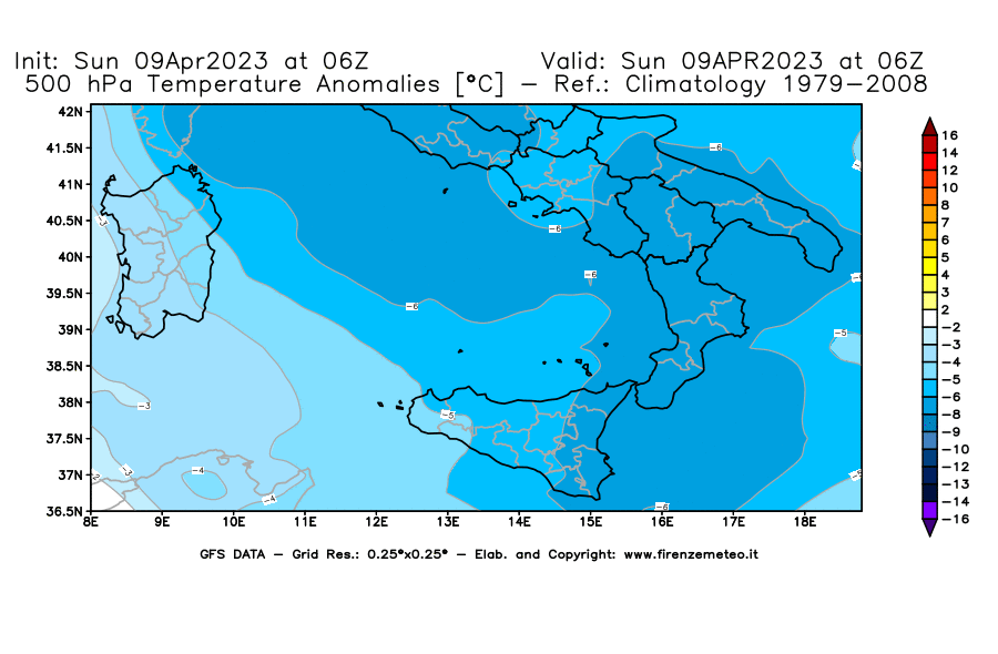 GFS analysi map - Temperature Anomalies [°C] at 500 hPa in Southern Italy
									on 09/04/2023 06 <!--googleoff: index-->UTC<!--googleon: index-->