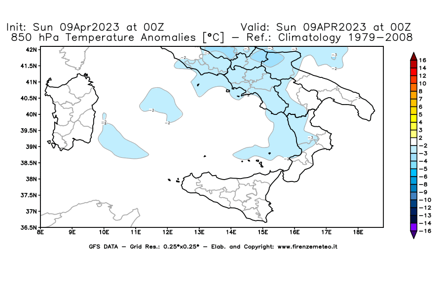 GFS analysi map - Temperature Anomalies [°C] at 850 hPa in Southern Italy
									on 09/04/2023 00 <!--googleoff: index-->UTC<!--googleon: index-->