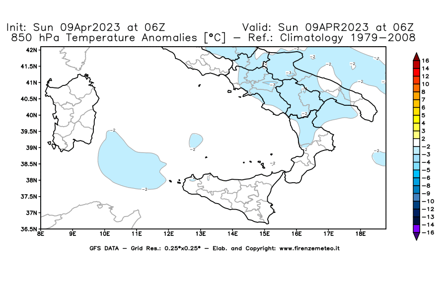 GFS analysi map - Temperature Anomalies [°C] at 850 hPa in Southern Italy
									on 09/04/2023 06 <!--googleoff: index-->UTC<!--googleon: index-->