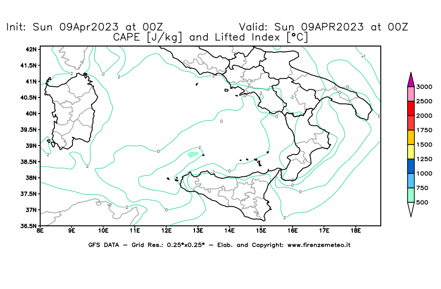 GFS analysi map - CAPE [J/kg] and Lifted Index [°C] in Southern Italy
									on 09/04/2023 00 <!--googleoff: index-->UTC<!--googleon: index-->