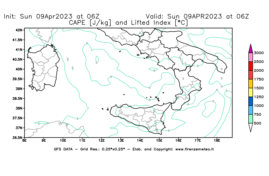 GFS analysi map - CAPE [J/kg] and Lifted Index [°C] in Southern Italy
									on 09/04/2023 06 <!--googleoff: index-->UTC<!--googleon: index-->