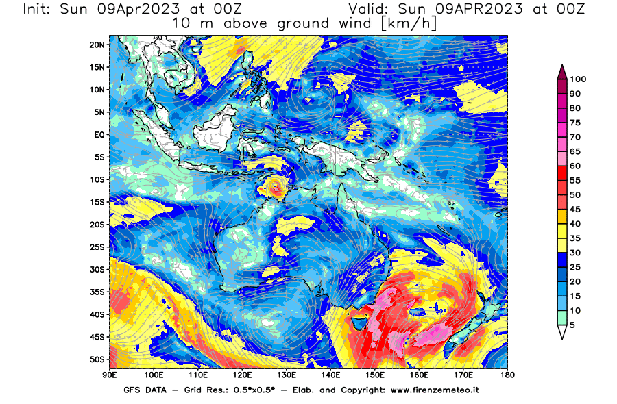 GFS analysi map - Wind Speed at 10 m above ground [km/h] in Oceania
									on 09/04/2023 00 <!--googleoff: index-->UTC<!--googleon: index-->