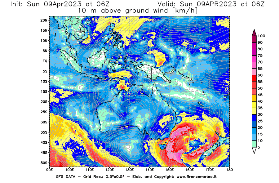 GFS analysi map - Wind Speed at 10 m above ground [km/h] in Oceania
									on 09/04/2023 06 <!--googleoff: index-->UTC<!--googleon: index-->