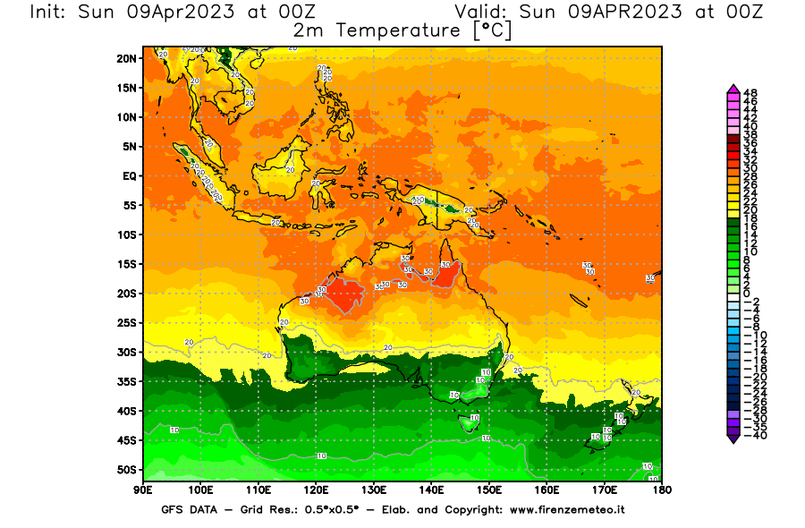GFS analysi map - Temperature at 2 m above ground [°C] in Oceania
									on 09/04/2023 00 <!--googleoff: index-->UTC<!--googleon: index-->
