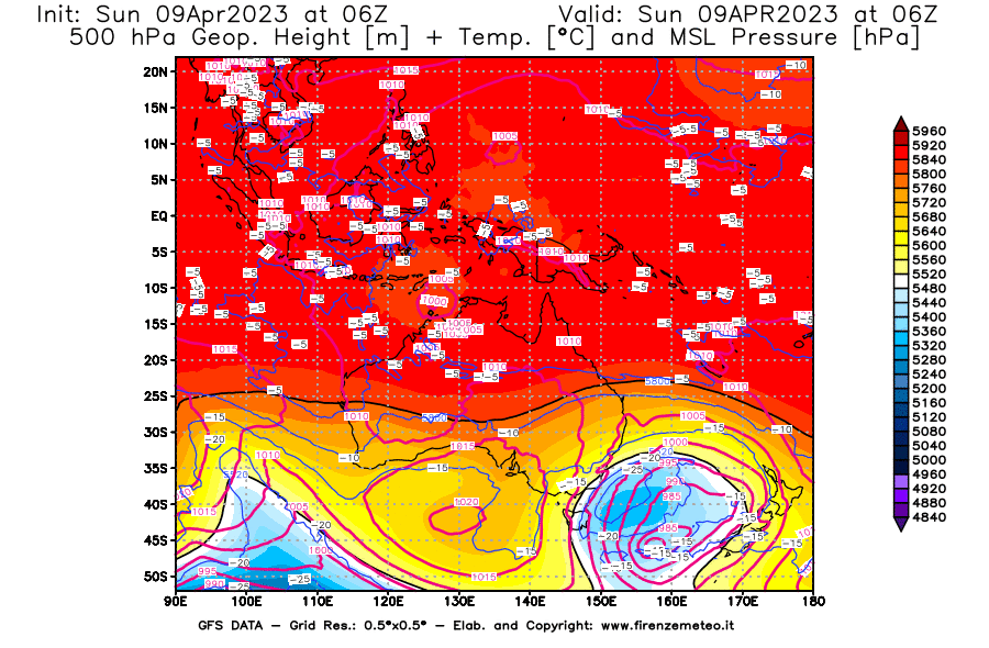 GFS analysi map - Geopotential [m] + Temp. [°C] at 500 hPa + Sea Level Pressure [hPa] in Oceania
									on 09/04/2023 06 <!--googleoff: index-->UTC<!--googleon: index-->