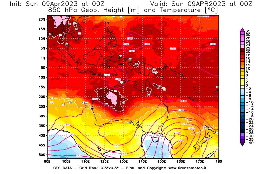 GFS analysi map - Geopotential [m] and Temperature [°C] at 850 hPa in Oceania
									on 09/04/2023 00 <!--googleoff: index-->UTC<!--googleon: index-->