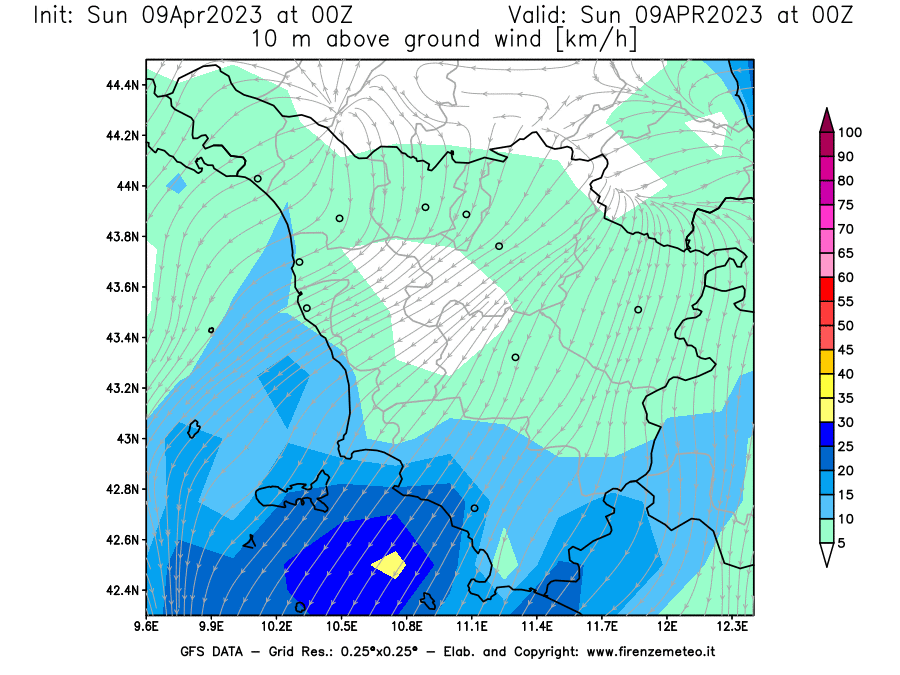 GFS analysi map - Wind Speed at 10 m above ground [km/h] in Tuscany
									on 09/04/2023 00 <!--googleoff: index-->UTC<!--googleon: index-->