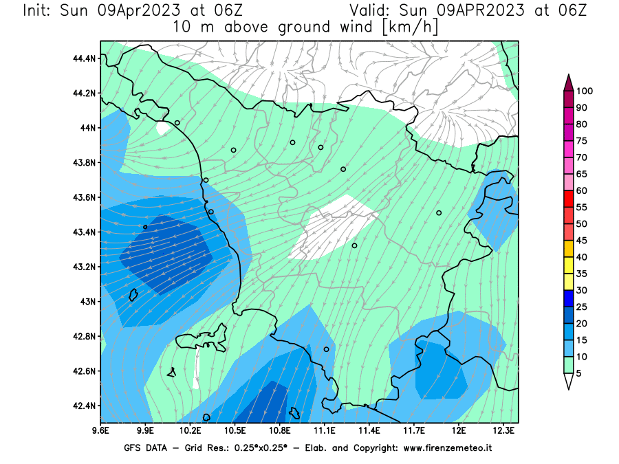 GFS analysi map - Wind Speed at 10 m above ground [km/h] in Tuscany
									on 09/04/2023 06 <!--googleoff: index-->UTC<!--googleon: index-->
