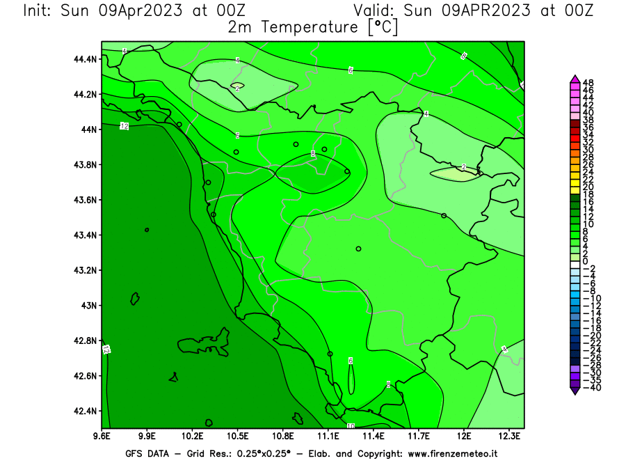 GFS analysi map - Temperature at 2 m above ground [°C] in Tuscany
									on 09/04/2023 00 <!--googleoff: index-->UTC<!--googleon: index-->
