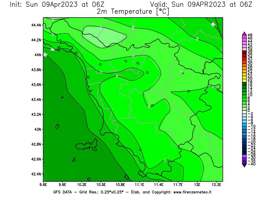 GFS analysi map - Temperature at 2 m above ground [°C] in Tuscany
									on 09/04/2023 06 <!--googleoff: index-->UTC<!--googleon: index-->