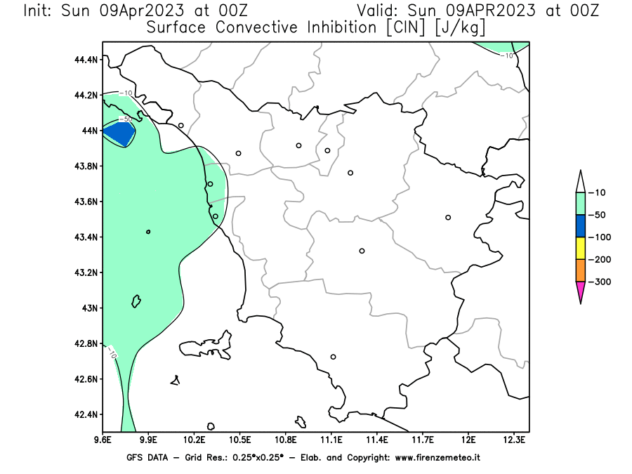 GFS analysi map - CIN [J/kg] in Tuscany
									on 09/04/2023 00 <!--googleoff: index-->UTC<!--googleon: index-->