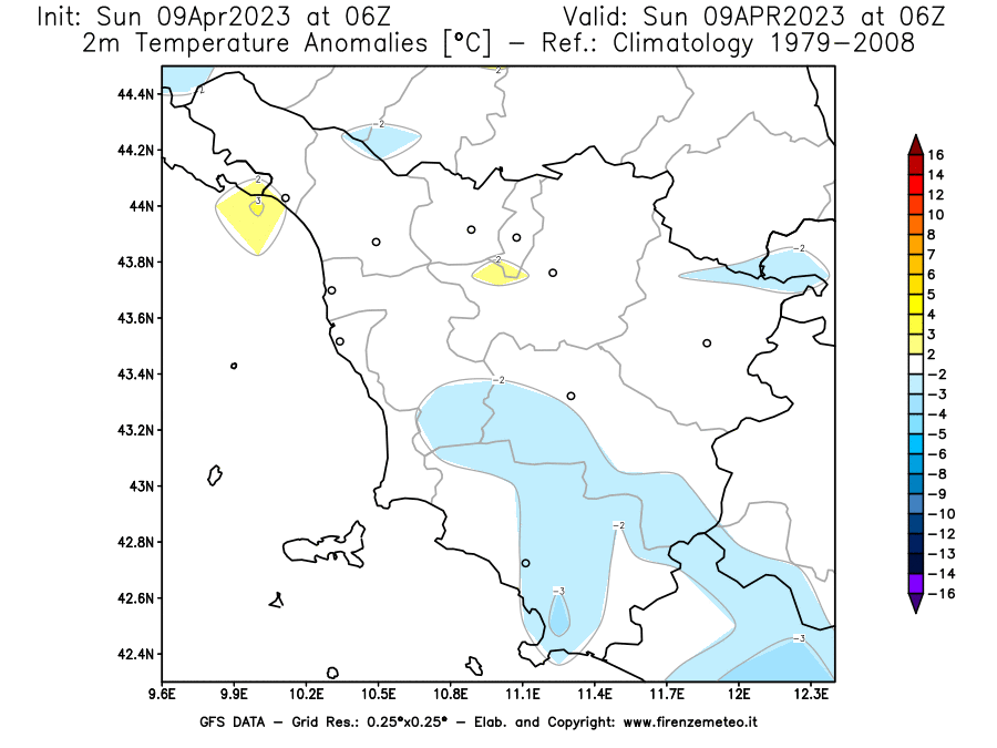 GFS analysi map - Temperature Anomalies [°C] at 2 m in Tuscany
									on 09/04/2023 06 <!--googleoff: index-->UTC<!--googleon: index-->