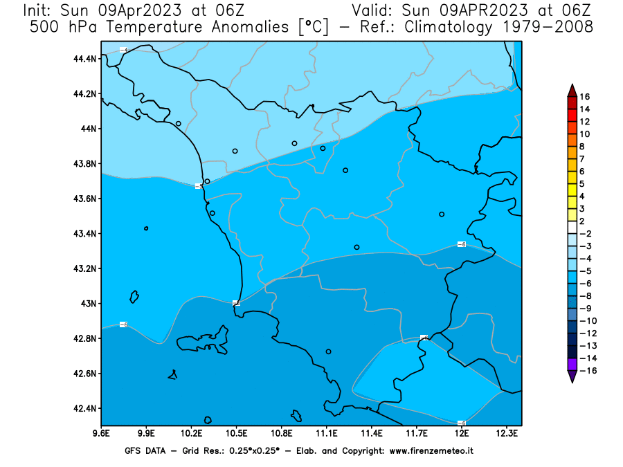 GFS analysi map - Temperature Anomalies [°C] at 500 hPa in Tuscany
									on 09/04/2023 06 <!--googleoff: index-->UTC<!--googleon: index-->