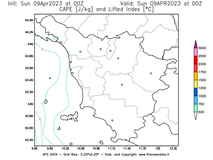 GFS analysi map - CAPE [J/kg] and Lifted Index [°C] in Tuscany
									on 09/04/2023 00 <!--googleoff: index-->UTC<!--googleon: index-->