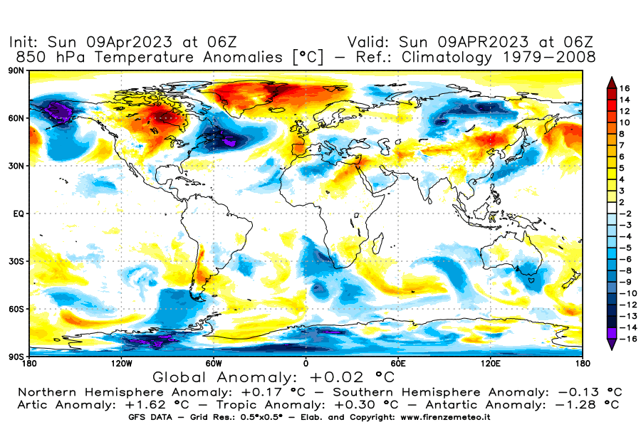GFS analysi map - Temperature Anomalies [°C] at 850 hPa in World
									on 09/04/2023 06 <!--googleoff: index-->UTC<!--googleon: index-->