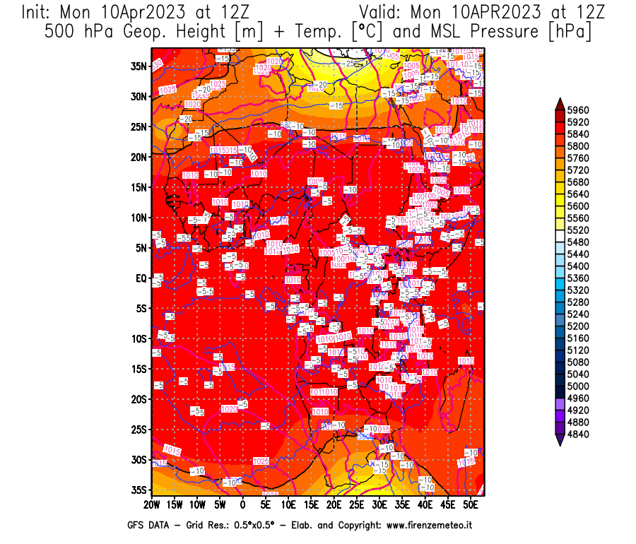 GFS analysi map - Geopotential [m] + Temp. [°C] at 500 hPa + Sea Level Pressure [hPa] in Africa
									on 10/04/2023 12 <!--googleoff: index-->UTC<!--googleon: index-->