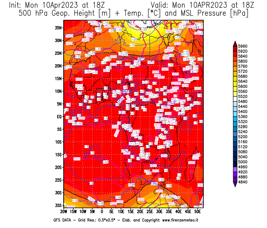 GFS analysi map - Geopotential [m] + Temp. [°C] at 500 hPa + Sea Level Pressure [hPa] in Africa
									on 10/04/2023 18 <!--googleoff: index-->UTC<!--googleon: index-->