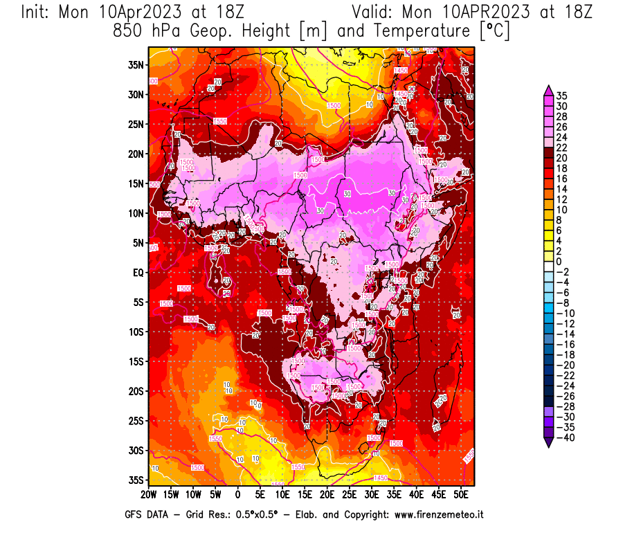 GFS analysi map - Geopotential [m] and Temperature [°C] at 850 hPa in Africa
									on 10/04/2023 18 <!--googleoff: index-->UTC<!--googleon: index-->